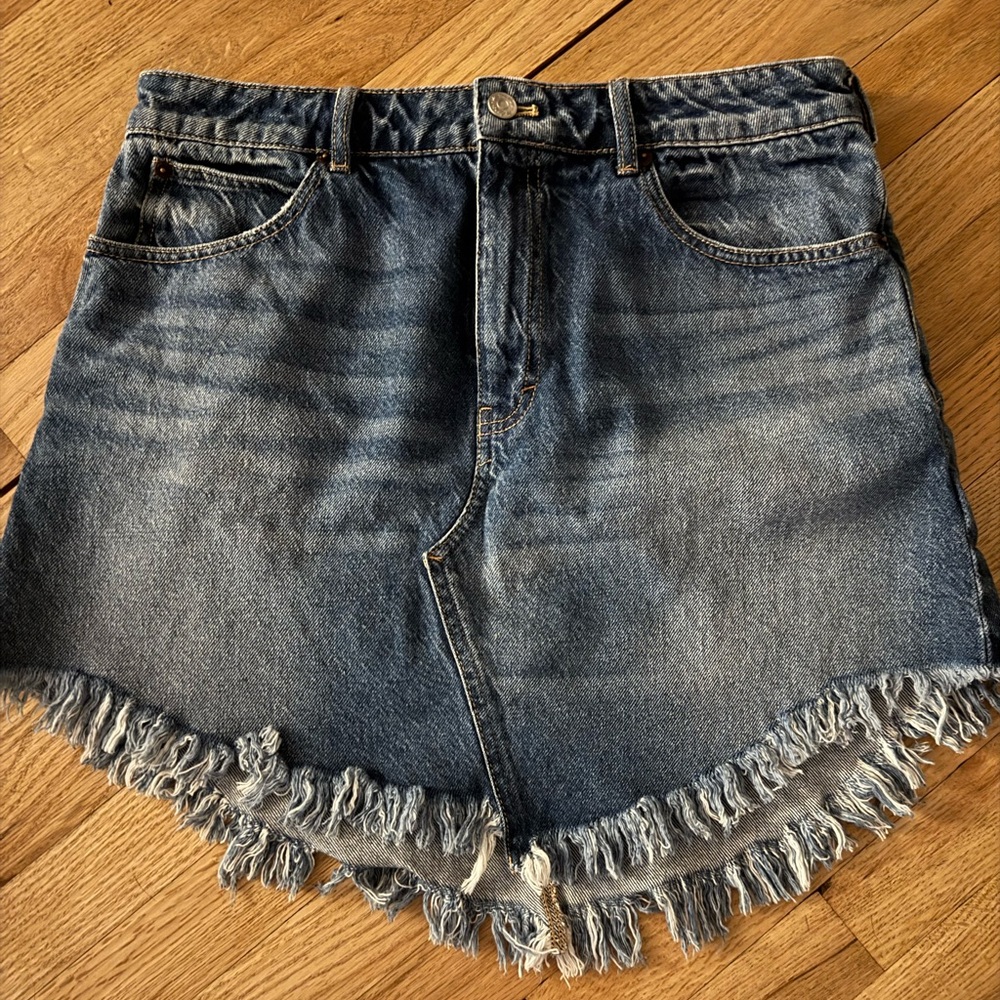 We The Free Denim Mini Skirt in Medium Blue with Frayed Hem
